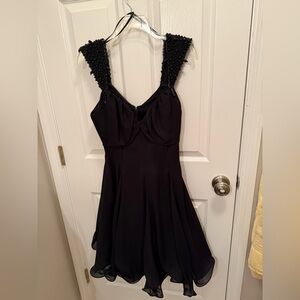 Elegant Black Mini Dress with Beaded Shoulder Straps tulle underskirt Y2K